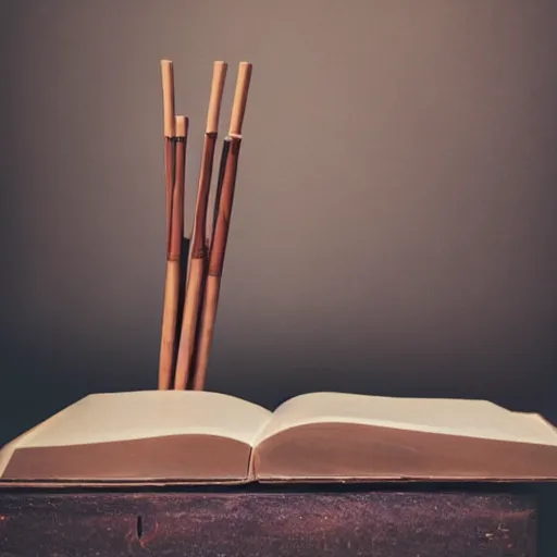 Prompt: studio photography of book and drum sticks