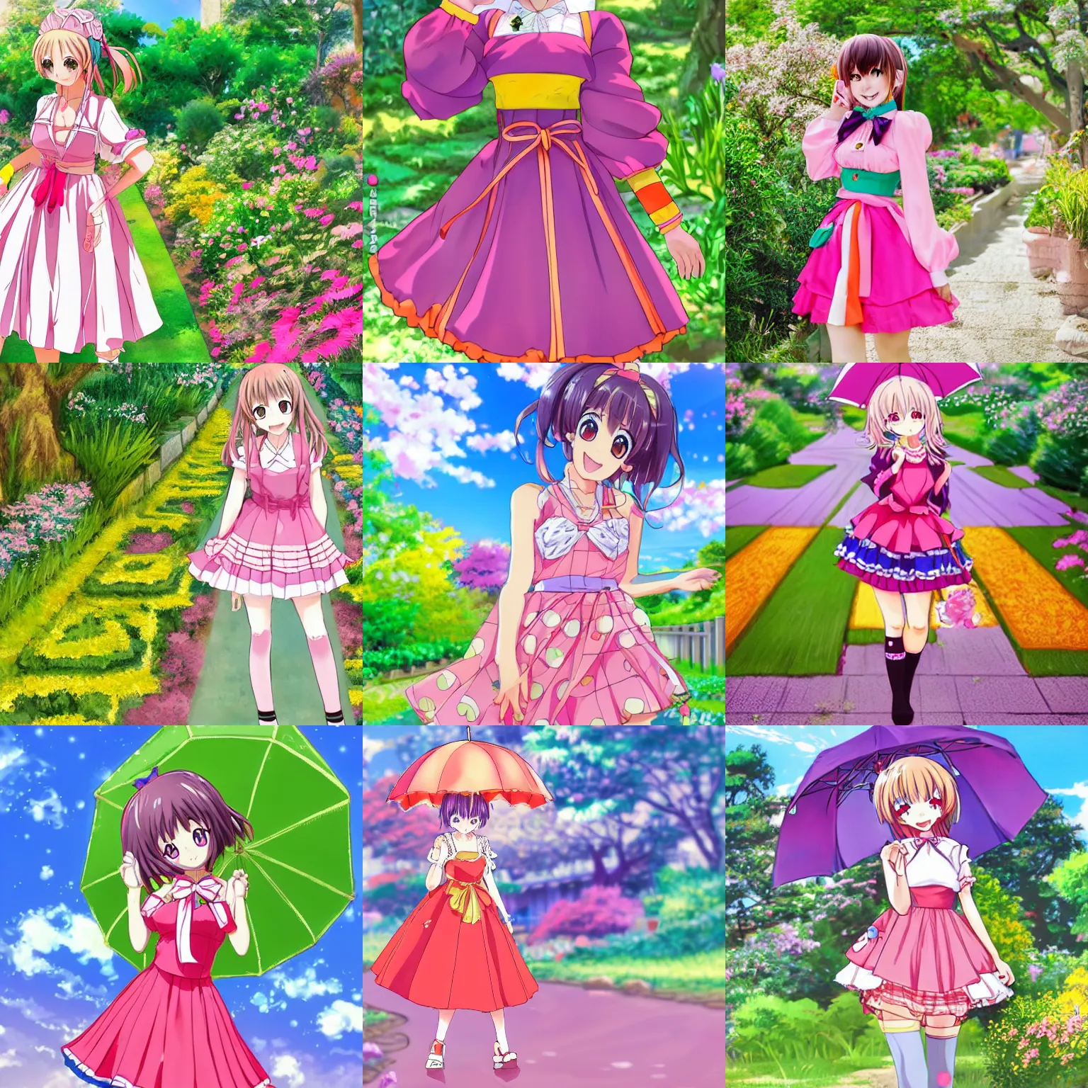 Prompt: a very cute art of a smiling anime girl idol wearing a colorful dress, walking at the garden, detailed, in the style of anime
