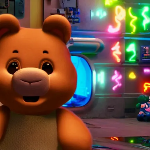 Image similar to care bears in cyberpunk 2 0 7 7 8 k hyperdetailed photorealism hdr unreal engine 5 extremely high level of detail