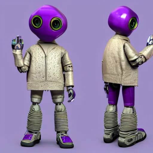 Prompt: kid robot with purple jacket design by fabricio campos and lidia morales, character modeling, toy design, substance 3 d painter, blender, mental ray, zbrush, stylized, portrait, studio photo, 7 0 mm lens, trending in behance