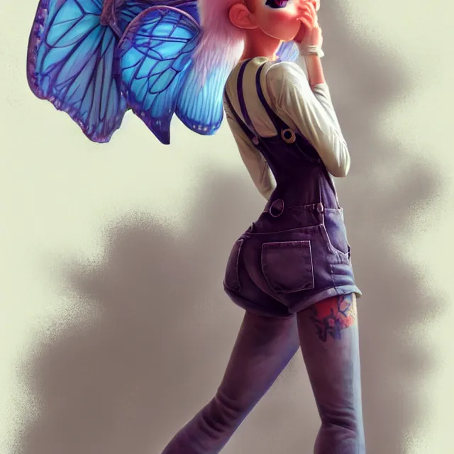 Image similar to full body pose, beautiful adult fairy, pixar, short white hair shaved sides, dirty, grungy, grunge, long sleeve, painted overalls, stacks of giant books, highly detailed, 4 k, hdr, smooth, sharp focus, high resolution, award - winning photo, artgerm, photorealistic