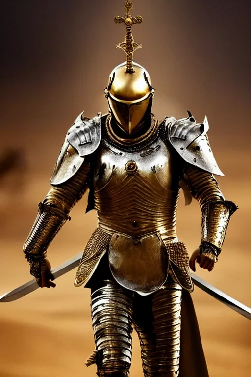 Prompt: Tom Cruise as the king in the desert, beautiful face, gold crown and silver armour suit, sword, medieval warrior fighting in a dark scene, eyes, detailed scene, standing in a heroic figure, Armour and Crown, highly detailed, blood and dust in the air, action scene, cinematic lighting, dramatic lighting, trending on artstation, elegant, intricate, character design, motion and action and tragedy, fantasy, D&D, highly detailed, digital painting, concept art