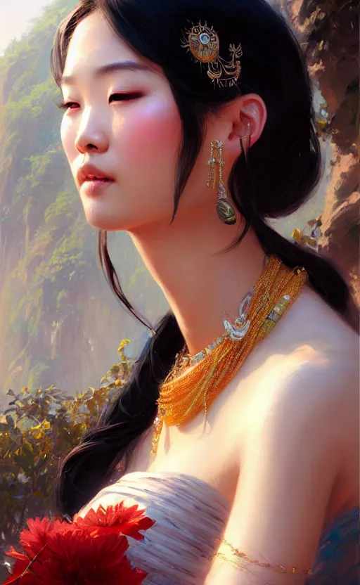 Image similar to a beautiful taiwan goddess with sundress with jewelry | | winter, realistic shaded, unpleasant face, good looking, fine details, realistic shaded lighting poster by greg rutkowski, magali villeneuve, artgerm, jeremy lipkin and michael garmash and macoto takahashi