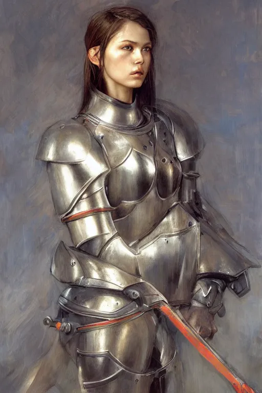 Prompt: an upper body portrait of a female knight, oil painting, by ross tran and and Edgar Maxence and julie bell