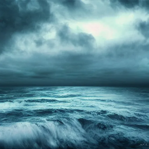 Prompt: An ocean!!!!! stretching as far as the eye can see, with overhead cloudy!!!!! skies, photorealistic imagery, grim atmosphere, gloomy!!!!! and eerie art style, trending on arstation, 4k, 8k
