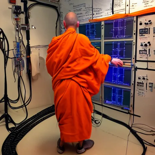 Image similar to techno monk in orange robes with wires and circuit boards coming out of his face