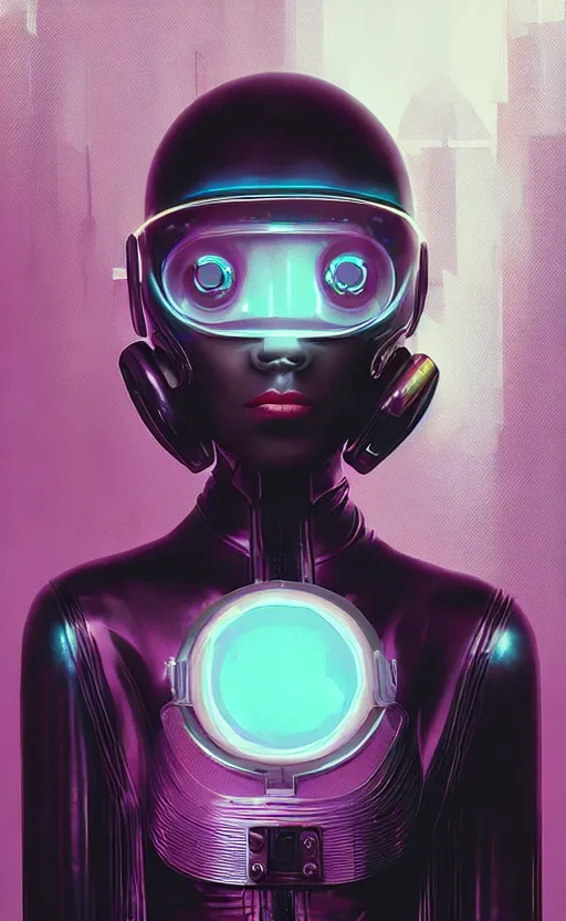 Image similar to portrait of a cyberpunk girl with futuristic helmet and with very tight black latex dress by Petros Afshar and Beeple, James Gilleard, Mark Ryden, Wolfgang Lettl highly detailed