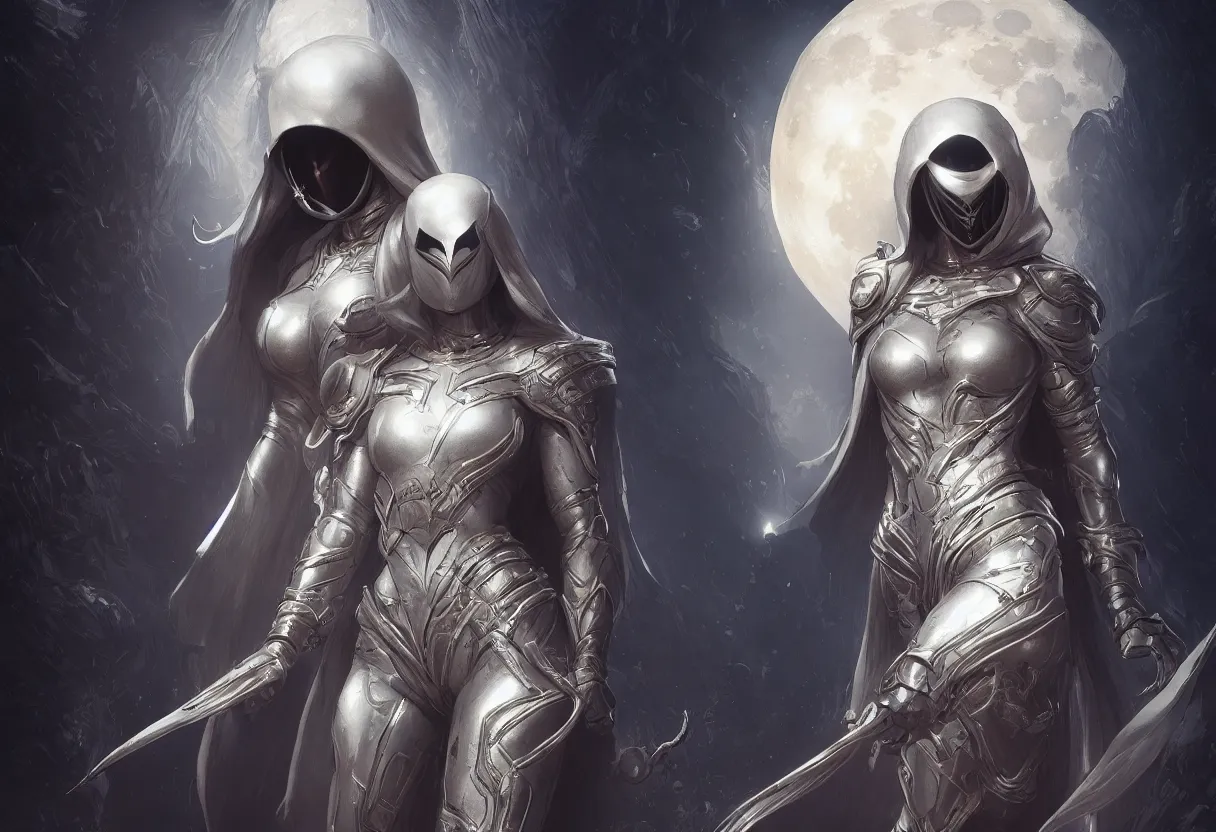 Image similar to female moon knight, hyper detailed, digital art, trending in artstation, cinematic lighting, studio quality, smooth render, unreal engine 5 rendered, octane rendered, art style by klimt and nixeu and ian sprigger and wlop and krenz cushart