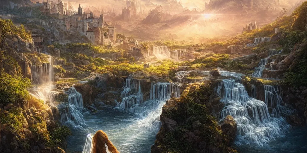 Image similar to beautiful waterfall between lush mountains in the sunset casting rays of light into medieval city below, highly detailed, sharp focus, artgerm, cgsociety, desaturated