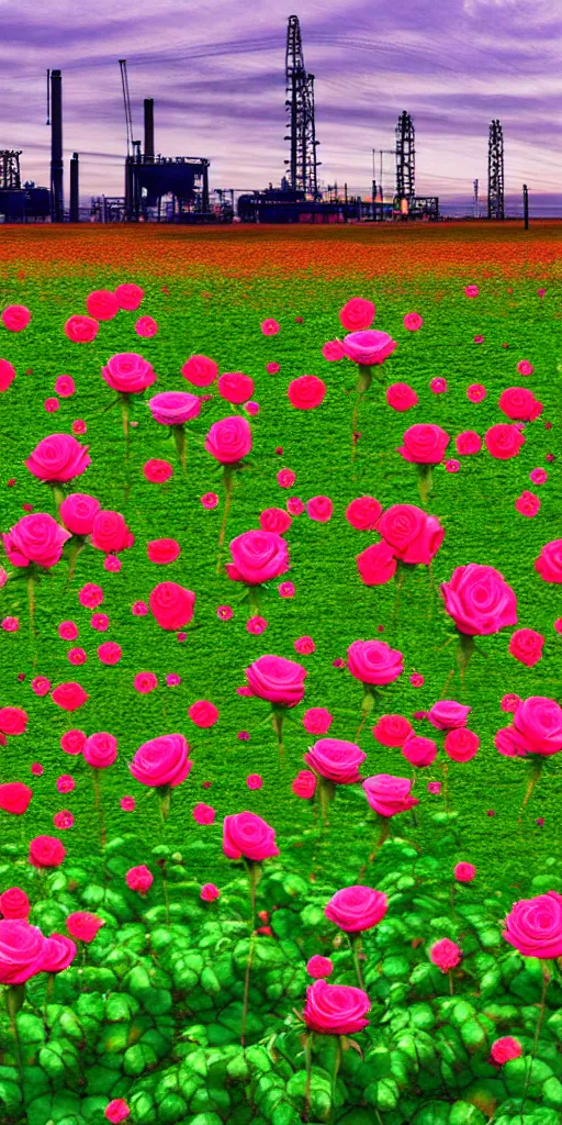 Prompt: photo realistic of a field of rosses with in the background oil industry