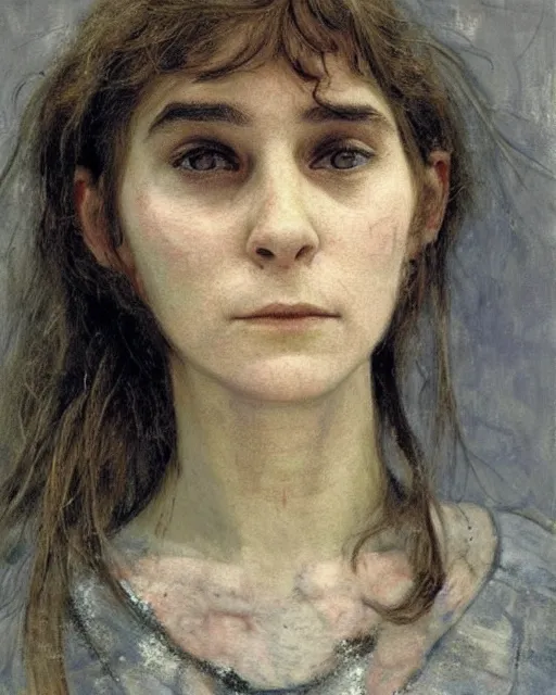 Image similar to a beautiful but sinister girl who looks like a young shirley henderson in dead space, with haunted eyes and crazy hair, horrifying, 1 9 7 0 s, seventies, delicate embellishments, a little blood, crimson, painterly, offset printing technique, by jules bastien - lepage