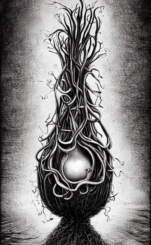 Prompt: portrait of lovecraftian onion with an mouth in the middle of it, surrounded by beams of light dark background by wayne barlow, stanley donwood, anton semenov, zdzislaw bekinski, hr giger, 8 k, fantasy, dark, highly detailed