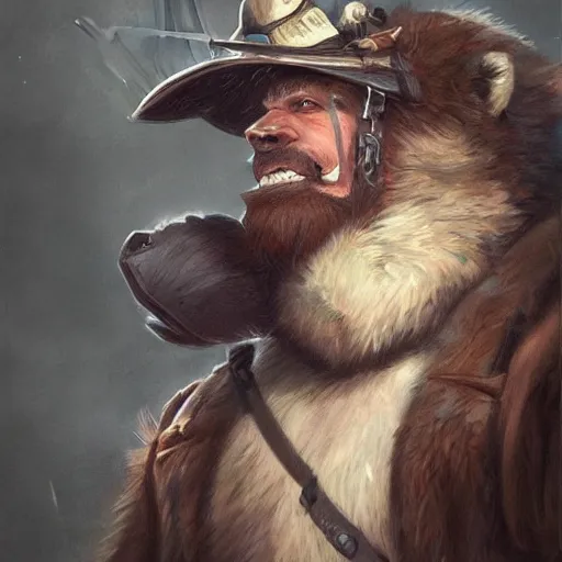 Image similar to dashing charming grinning charismatic bear beast-man rogue, wearing captain's tricorne hat, naval background, amazing, lifelike award winning pencil illustration trending on art station artgerm Greg rutkowski cinematic