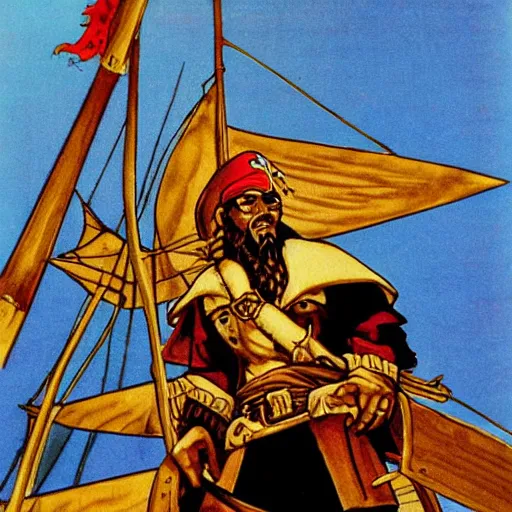 Prompt: Orc Pirate, Golden sails pirate ship. Islamic Propaganda poster, 1991