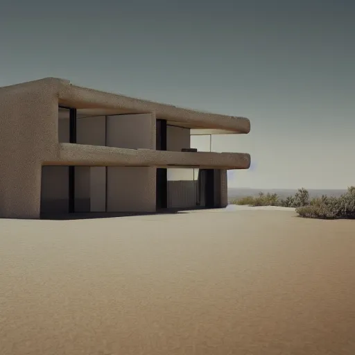 Image similar to brutalist villa in middle of a desert, aerial view, photorealistic render in octane