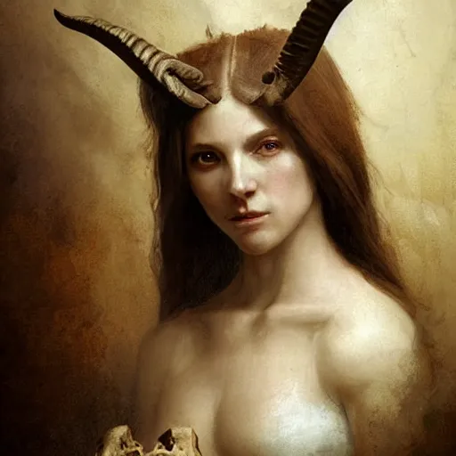 Image similar to woman with goat horns holding an animal skull, style of da vinci, fantasy illustration, by greg rutkowski