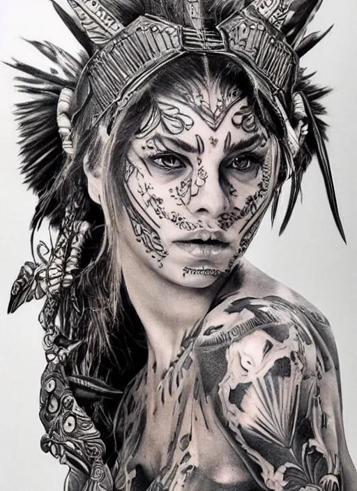 Image similar to tattoo design of a hyper - realistic beautiful girl warrior, hyper detailed, in the design of eliot kohek, on white background