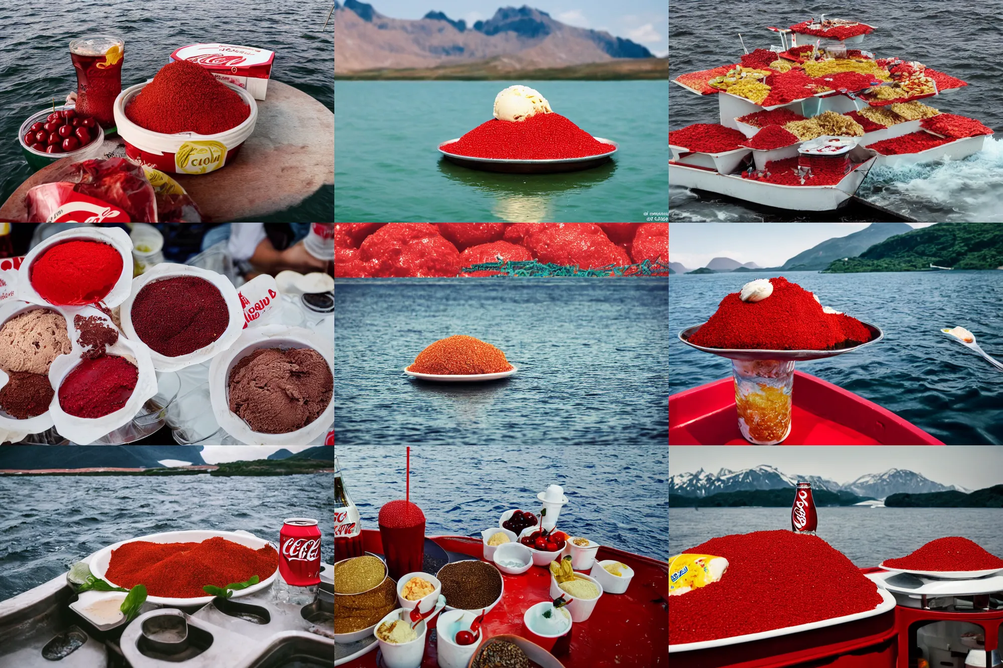 Image similar to an island made of food, around the island instead of water coca - cola ( dark brown ), instead of sand red caviar, instead of mountains ice cream with cherries, photo taken from a boat, 3 5 mm, cinematic