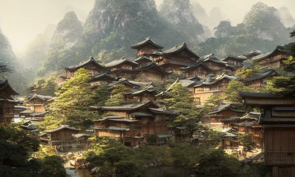 Prompt: Japanese village in the mountains, Greg Rutkowski, ArtStation, CGSociety, Unreal Engine