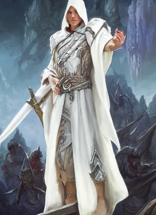 Image similar to white cloak priest, ultra detailed fantasy, dndbeyond, bright, colourful, realistic, dnd character portrait, full body, pathfinder, pinterest, art by ralph horsley, dnd, rpg, lotr game design fanart by concept art, behance hd, artstation, deviantart, hdr render in unreal engine 5