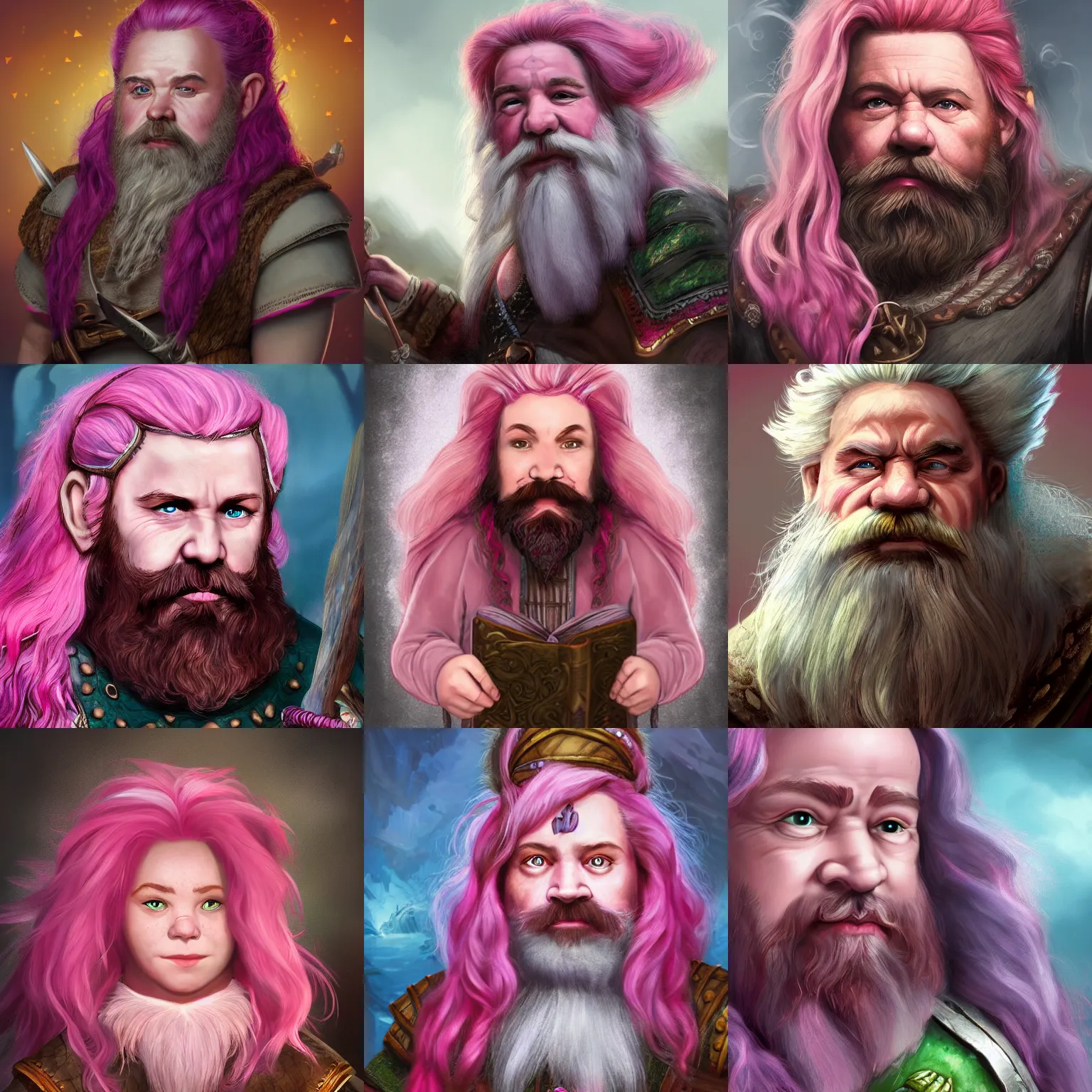 Prompt: d & d fantasy book portrait of a dwarf with pink hair, high detail, 4 k, soft light, fineart