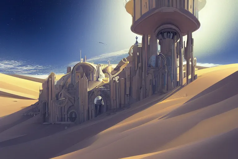 Prompt: A mechanical royal cathedral sinking into sand dunes ,digital art, artstationhq, by Charles Sheeler and Jordan Grimmer and Victor Mosquera