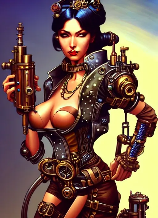 Prompt: front portrait of attractive Lady Mechanika standing while holding retro guns that wrap their arms, Intricate steampunk imagery , D&D!, fantasy style, sharp focus!, ultra detailed, art by Artgerm and Peter Andrew Jones, WLUP