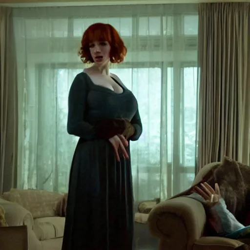 Image similar to amazing beautiful Christina Hendricks with mouth wide open in the living room, film still from the movie directed by Denis Villeneuve , wide lens