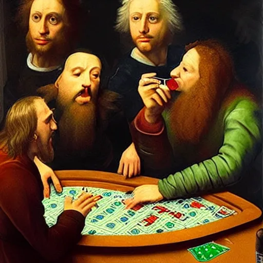 Image similar to velociraptors playing poker and drinking beer, in the style of a renaissance painting