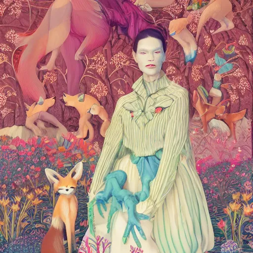 Prompt: pretty model with foxes : : by martine johanna and simon stalenhag and chie yoshii and casey weldon and wlop : : ornate, dynamic, particulate, rich colors, intricate, elegant, highly detailed, vogue, harper's bazaar art, fashion magazine, smooth, sharp focus, 8 k, octane render