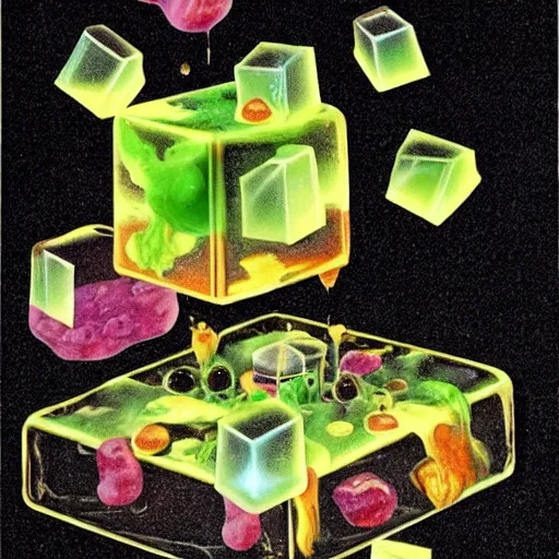 Prompt: gelatinous cubes being processed into magic items with the juice made from their bodies, d & d, dave mckean