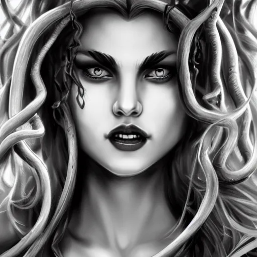 Image similar to medusa portrait painting, black and white, wicked grin, artstation, detailed, blurred background