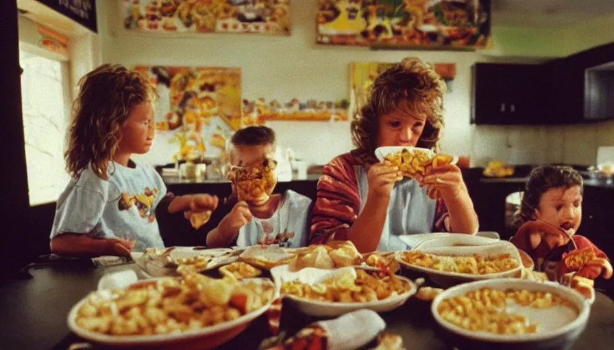 Prompt: 1 9 9 0 s candid 3 5 mm photo of a beautiful day in the family kitchen, cinematic lighting, cinematic look, golden hour, a real tiger is forcing the children to eat cereal, uhd