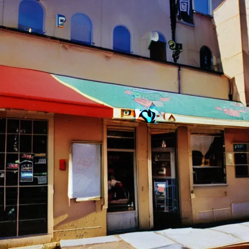 Prompt: the exterior of a pizza parlor, sunny day, panasonic 35mm, low shutter speed