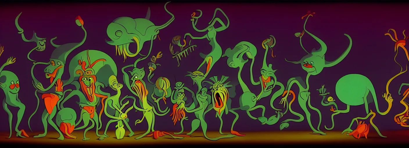 Image similar to whimsical creatures from the depths of the collective unconscious, dramatic lighting, surreal dark 3 0 s fleischer cartoon characters