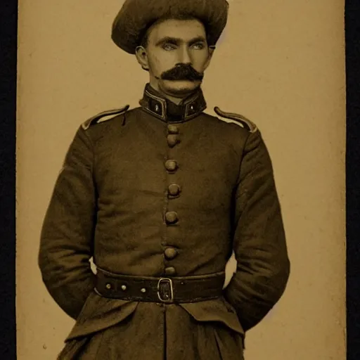 Image similar to late 1 9 th century, austro - hungarian!!! soldier ( handsome, 2 7 years old, redhead michał zebrowski with a small mustache ). old, sepia tones, detailed, hyperrealistic, 1 9 th century portait by emil rabending