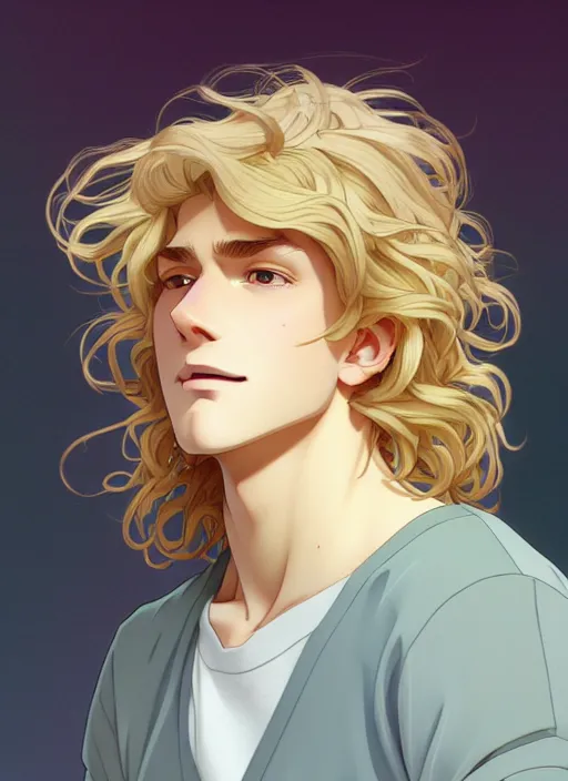 Image similar to young man with medium - length, curly, golden hair, perfectly proportioned face, aquamarine eyes, sweet smile, natural lighting, path traced, highly detailed, high quality, cartoon, digital painting, by new haicheng and studio ghibli and alphonse mucha