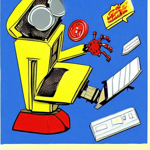 Image similar to a short robot falling apart at the joints, pulp fiction childrens book illustration