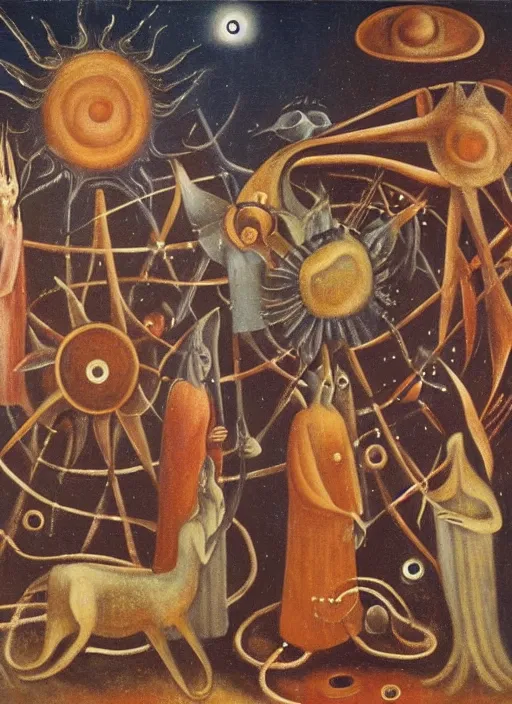 Prompt: a group of celestial beings communicating with weird machines by leonora carrington