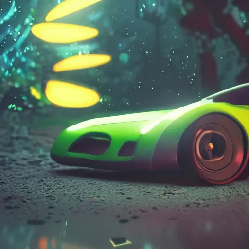 Image similar to a fancy alien sports car abandoned on magical biome, luminescent, neon, unreal render, unreal engine 5, octane render, enchanted plants, cinematic, intricate, ornate, photorealistic, ultra detailed, realistic, 1 0 0 mm, photography, octane, high definition, depth of field, bokeh, 8 k, behance, trending on artstation