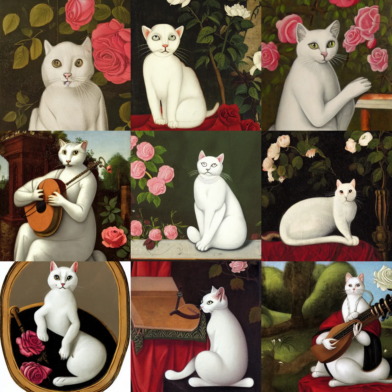 Prompt: white cat with lute, sitting in the rose garden, medieval portrait, close up