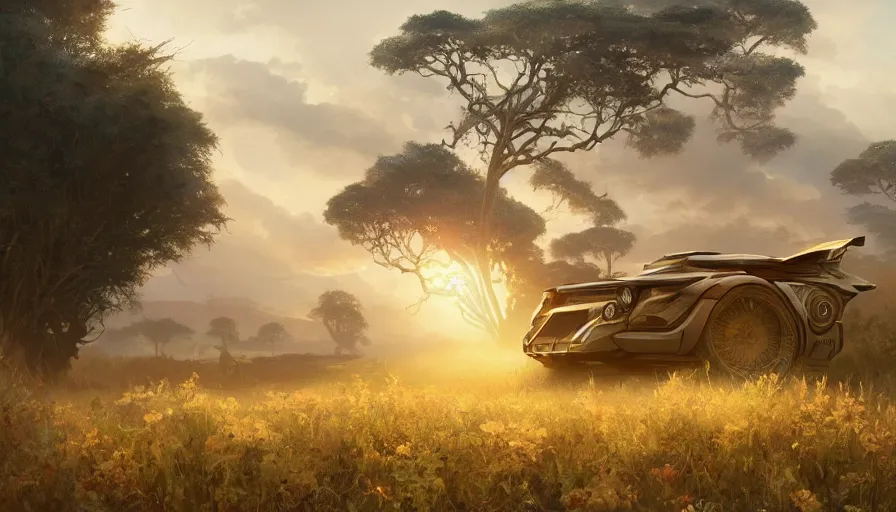 Image similar to the car dolorean, through the african savannah, artgerm and greg rutkowski and alphonse mucha, an epic fantasy, volumetric light, detailed, establishing shot, an epic fantasy, trending on art station, octane render, midsommar