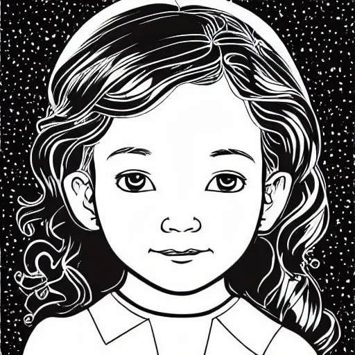 Image similar to clean simple line art of a cute little girl with a mischievous face and short brown wavy curly hair. she is dressed as an astronaut. no background. well composed, clean coloring book page, beautiful detailed face. coloring book line art by steve ditko and jack kirby and johanna basford and alphonse mucha