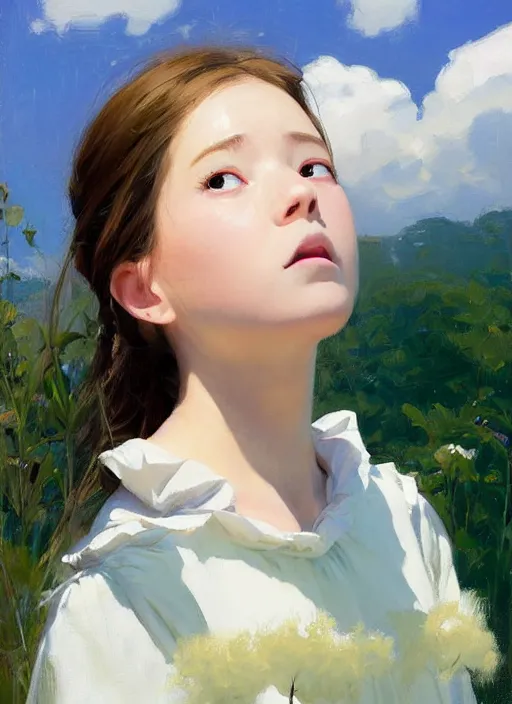 Image similar to portrait of girl dressed in white clothes meeting big Totoro, countryside, fantasy character portrait, dynamic pose, above view, view from above, sunny day, thunder clouds in the sky, artwork by Jeremy Lipkin and Giuseppe Dangelico Pino and Michael Garmash and Rob Rey and John Marshall Gamble, very coherent symmetrical artwork, perfect face, simple form, 100mm