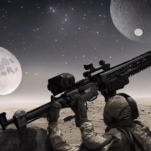 Image similar to one hundred rifles aimed at the moon, 4 k wallpaper, advanced lighting technology, hyperrealistic, intense, cinematic, film still