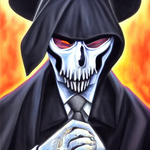 Image similar to Trending on artstation, Grim Reaper Vladimir Putin from Yu-Gi-Oh, in the style of Kazuki Takahashi, oil on canvas