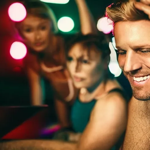 Image similar to photo of a 3 6 year old white man living thinking he's living the best life possible. he looks young for his age. he is at a dance club, it's as if he were in a music video. young woman are flocking to him and can be seen dancing around him in a seductive manner.