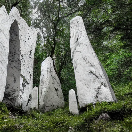 Prompt: white marble cliff in a meditereanian forest, with standing stones on top, by burdisio, alejandro