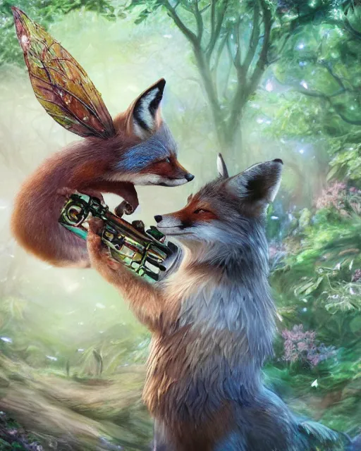 Prompt: Fox playing Flute in magical forest, portrait, wearing hat, magical notes, flowers, flower dress, birds, fairy atmosphere, magic the gathering artwork, D&D, fantasy, cinematic lighting, centered, symmetrical, highly detailed, digital painting, artstation, concept art, smooth, sharp focus, illustration, volumetric lighting, epic Composition, 8k, art by Akihiko Yoshida and Greg Rutkowski and Craig Mullins, oil painting, cgsociety