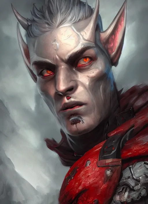 Prompt: A fantasy comic book style portrait painting of a grey elf with red eyes as a warrior in a atmospheric dark fortress, unreal 5, DAZ, hyperrealistic, octane render, RPG portrait, ambient light, dynamic lighting